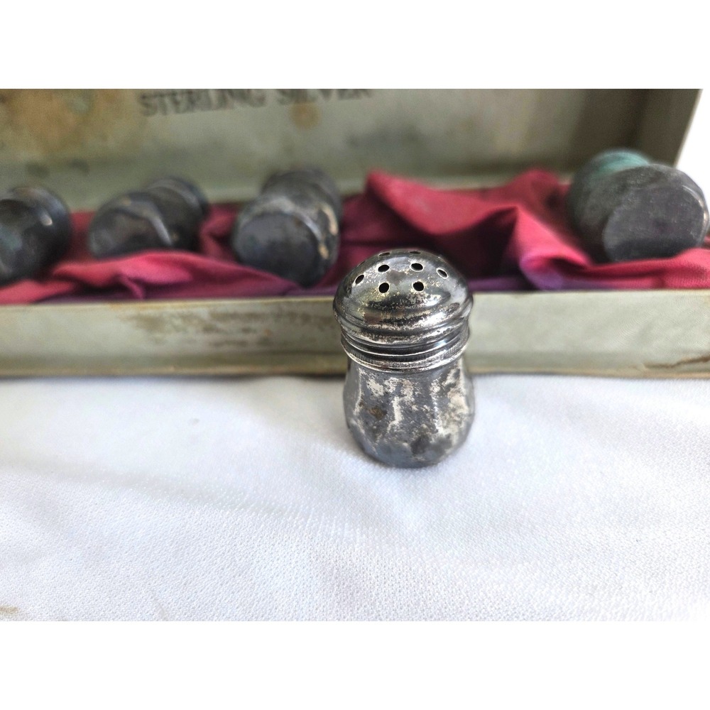 Vintage Sterling Silver Miniature Individual Salt/Pepper Shakers Set of 6 Boxed